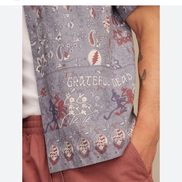 Grateful Dead Print Short Sleeve Camp Collar Woven Cotton Linen - Picture 2 of 5